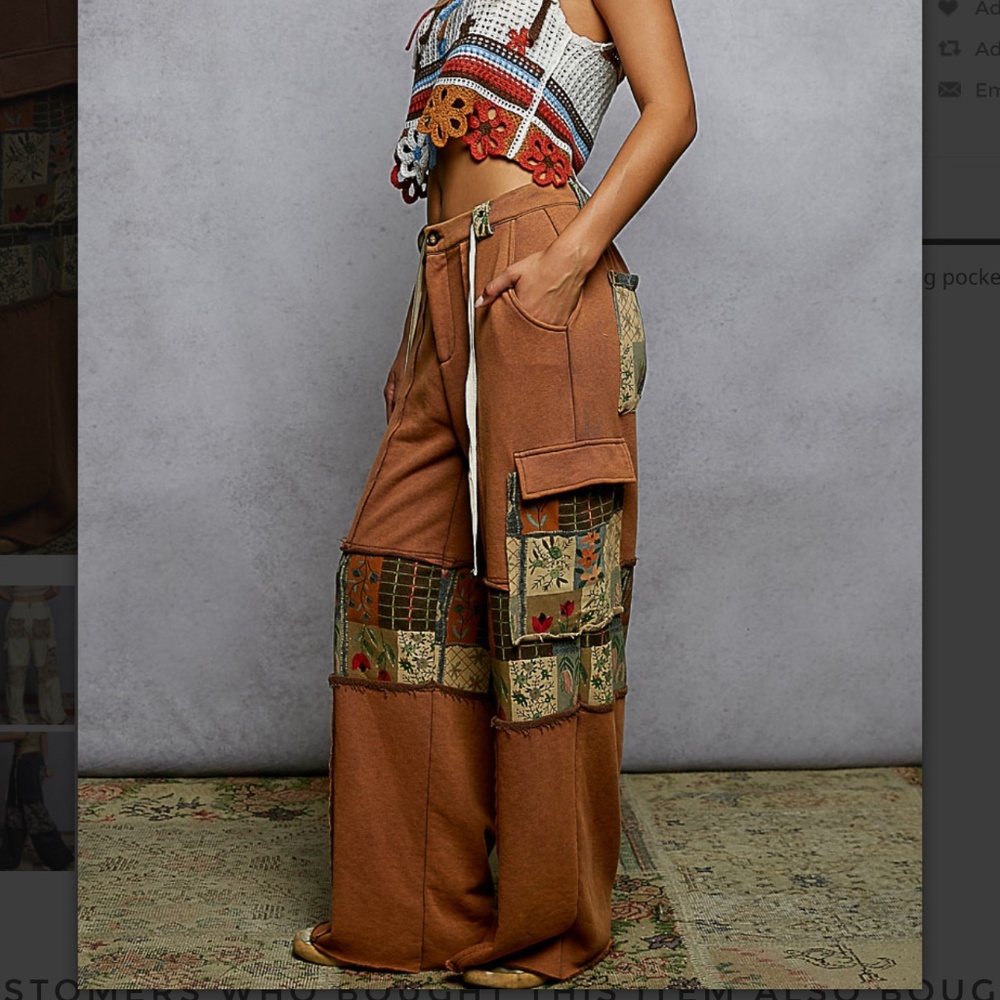 POL " Darlene " POL French Terry Pants Wide-Leg Patchwork Cargo Pants in Brown - Picture 5 of 6